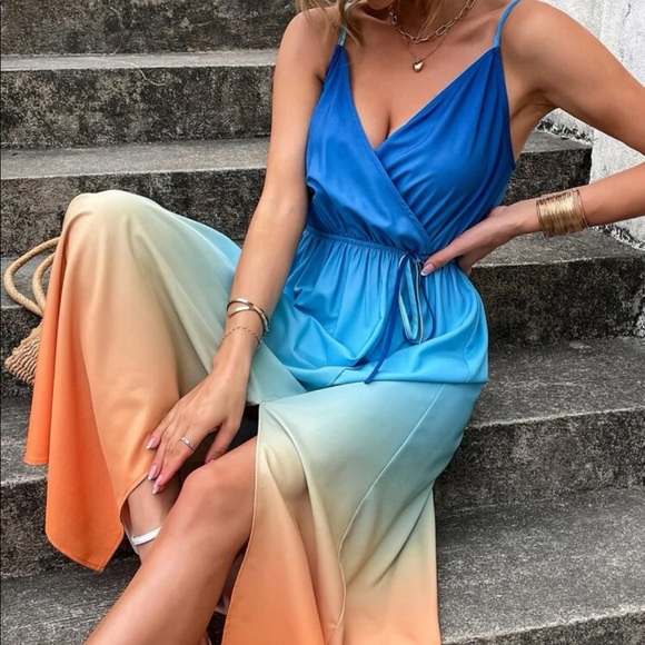 Blue orange Ombre split thigh cami maxi dress - Picture 1 of 9